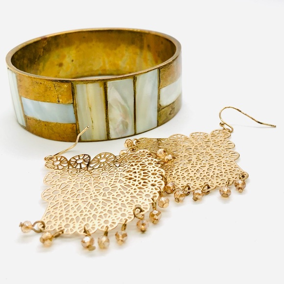Vintage Brass Mother of Pearl Bracelet & Earrings - Picture 1 of 4